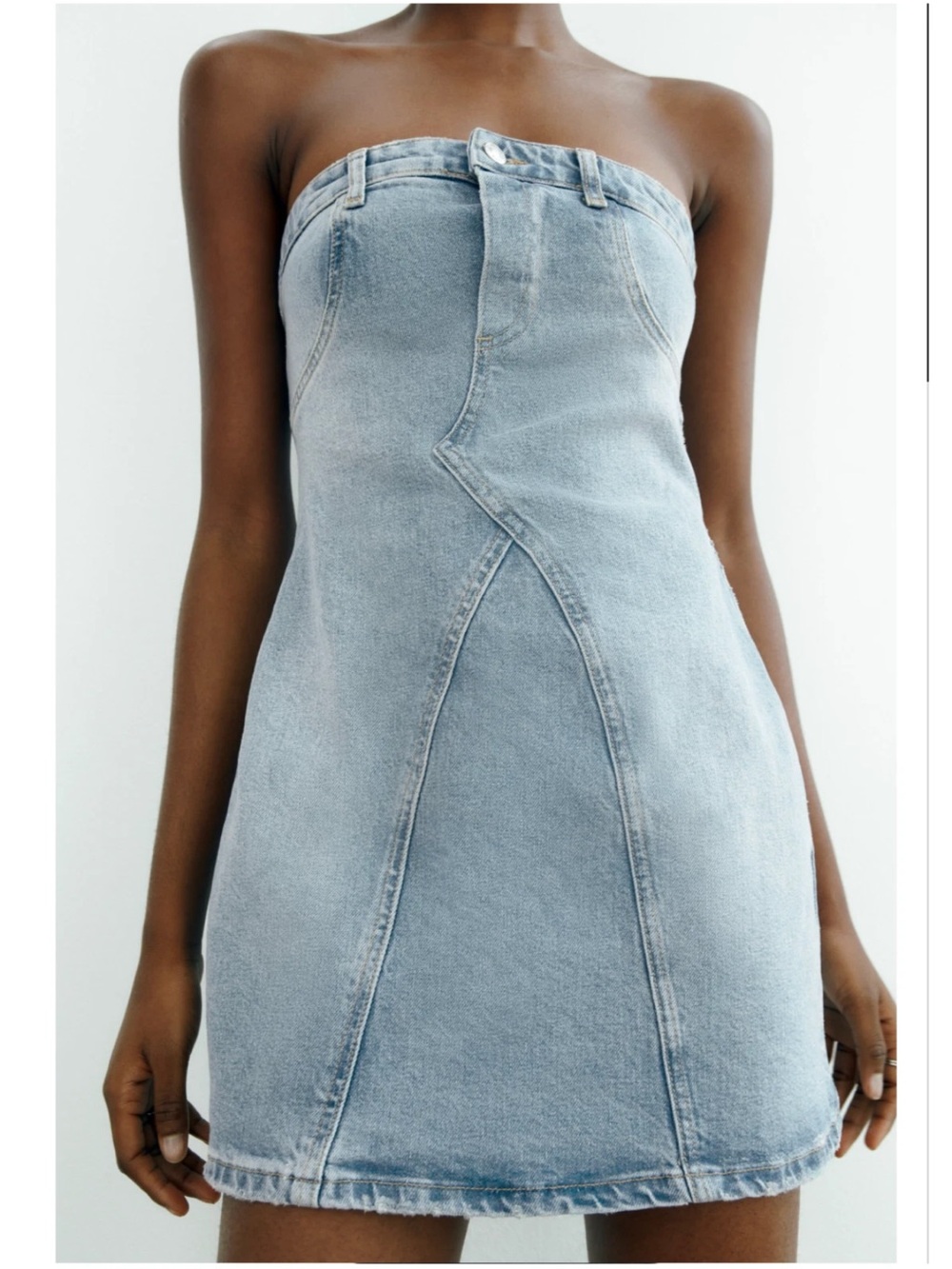 Zara TRF strapless denim mini dress in a light blue wash
